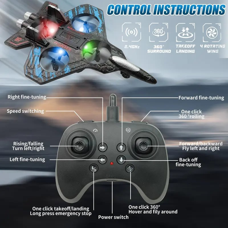 50% OFF 🎉🎉RC Stunt Fighter Jet Toy for Kids with 360° Flips & LED Lights